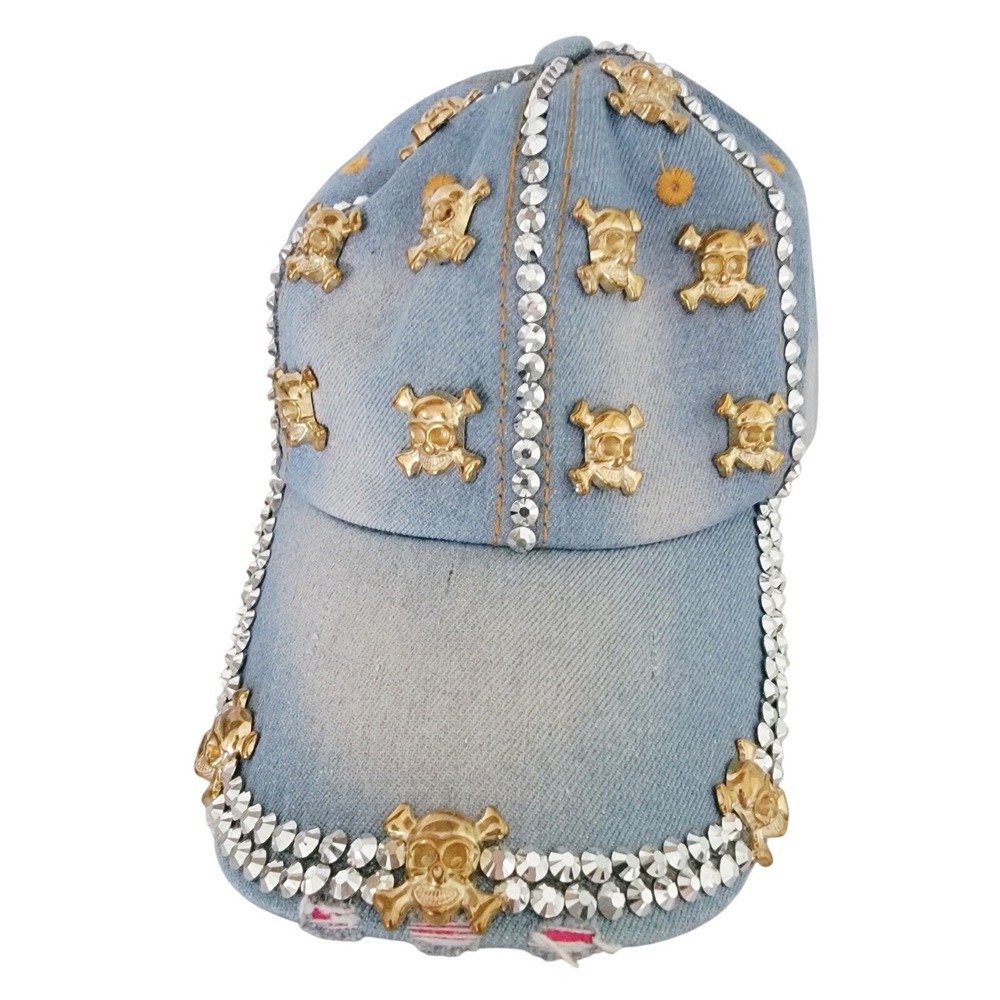 Denim Baseball Cap Rhinestone Skull Accents Women's Hat Cap